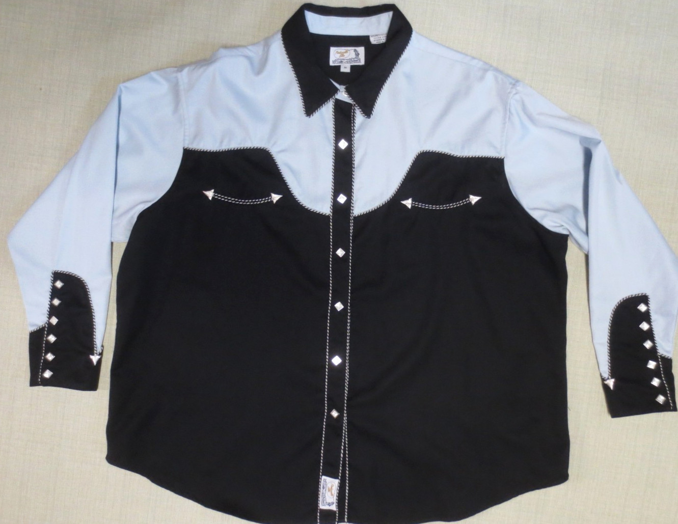 Vintage Pan Handle Slim Western Blouse Black Light Blue Embroidered Snap Plus 3X