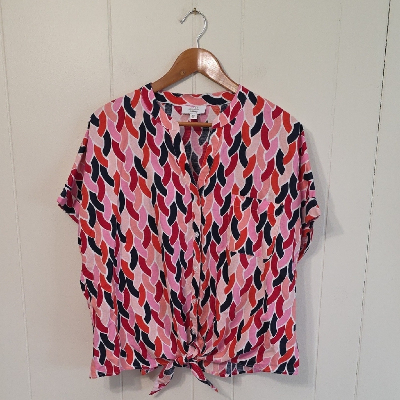 Charter Club Pink and Blue Patterned Linen Blouse Womens XXL