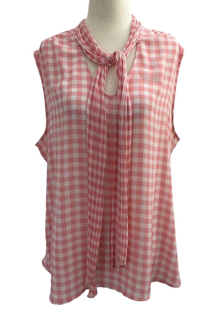 7th Avenue New York & Company Women Large Tie Bow Pink Shirt Top Tie Neck 9-586