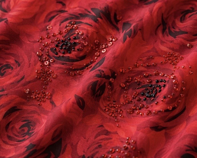 Vintage Robbie Bee Womens Red Floral Rose Silk Chiffon Sheer Beaded Blouse 12