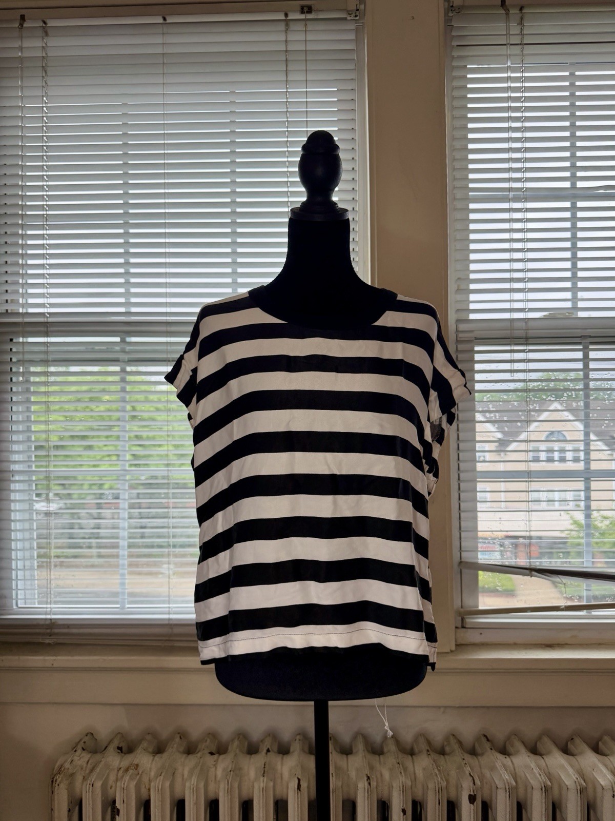 Maeve for Anthropologie Black White Striped Dolman Sleeve Button Back Blouse