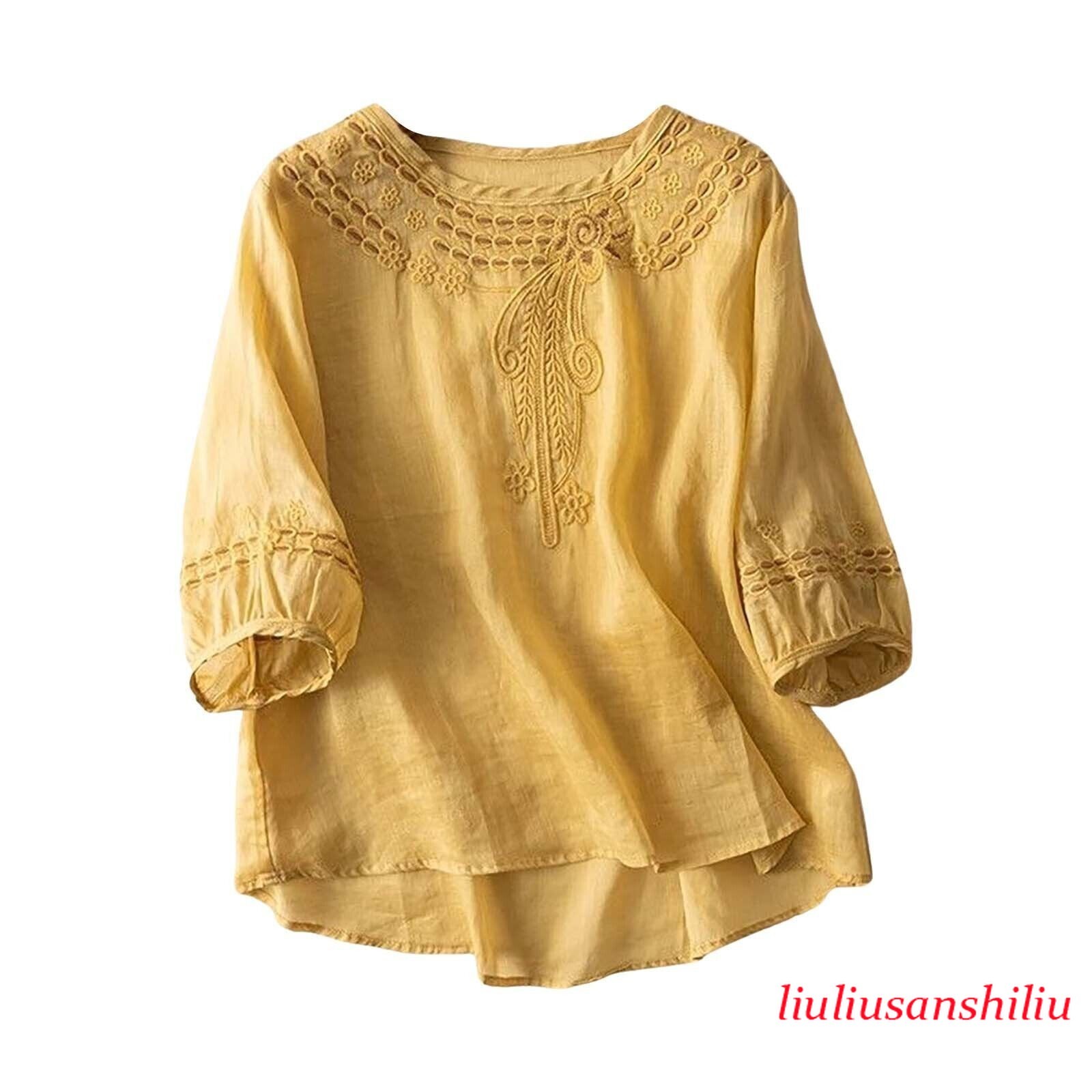 Women’s Cotton Linen Tunic Top Shirt Summer Casual Baggy Plain Blouse Plus Size
