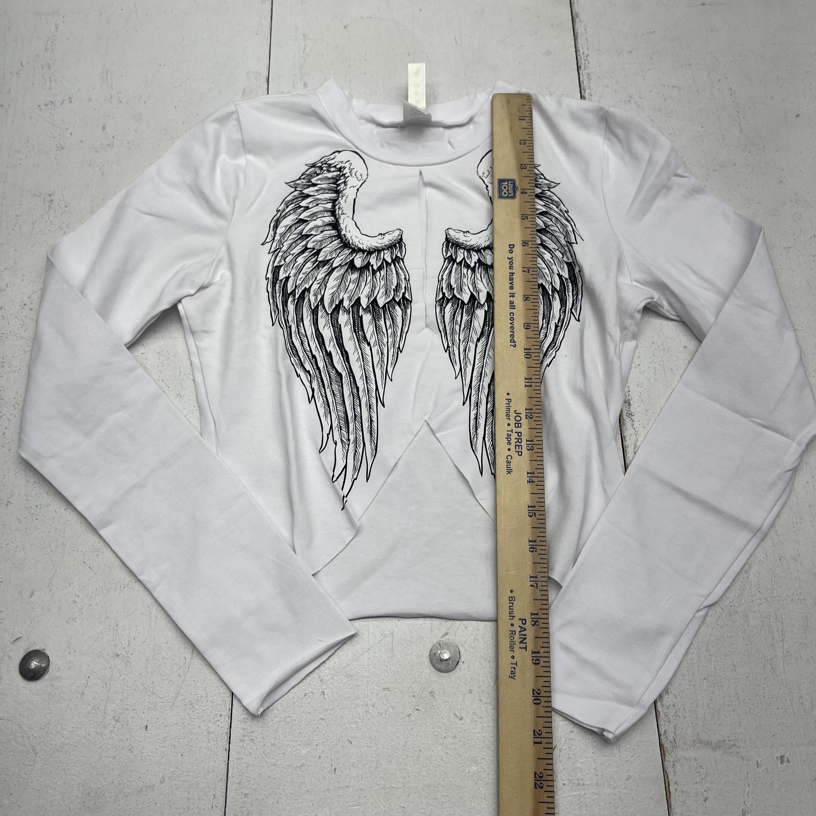 Angel Wings Shirt Womens Small White Long Sleeve Crop Graphic Top Y2K Aesthetic