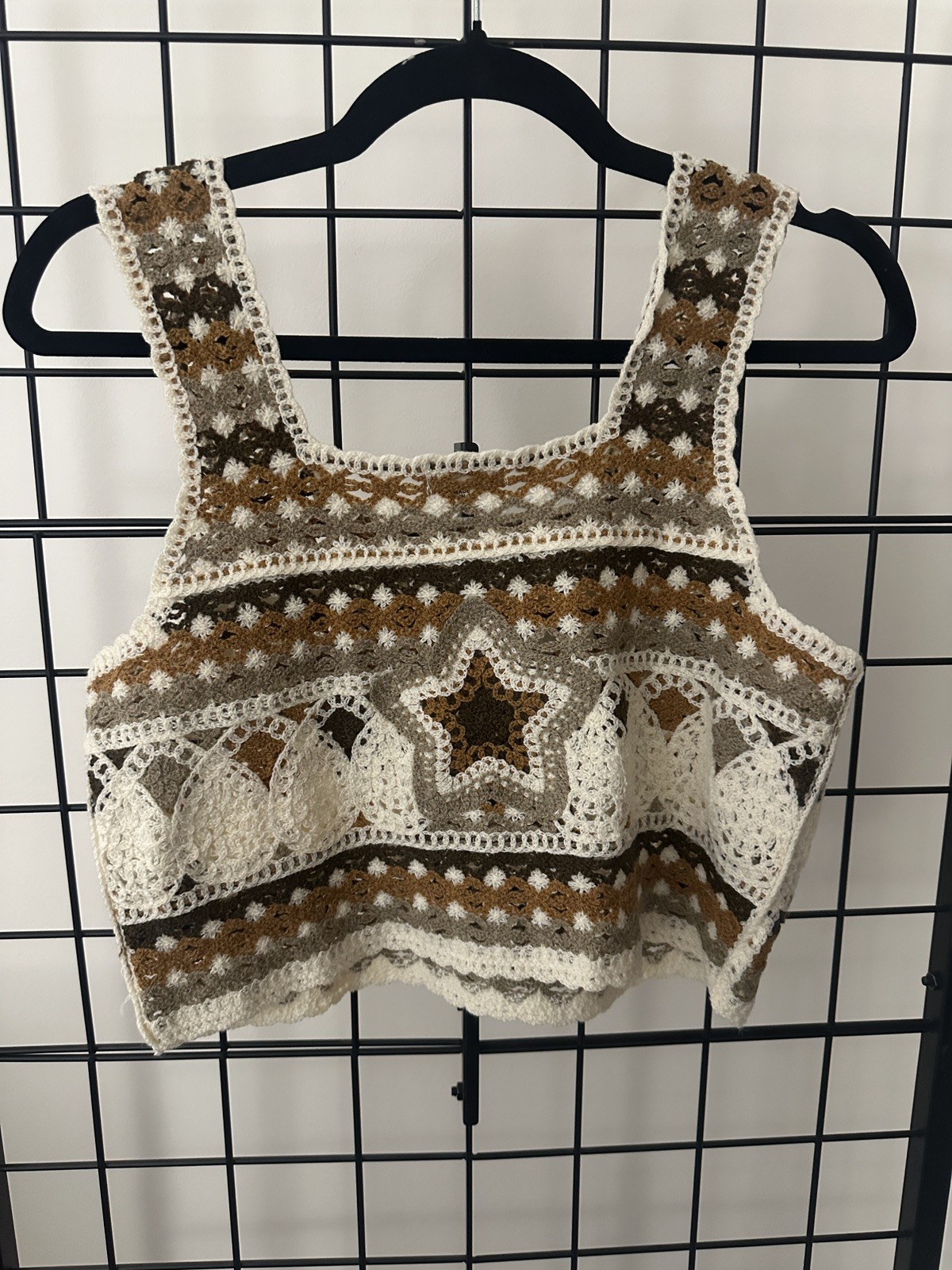 POL Crochet Tank Top Tassel Granny Square Boho One Size