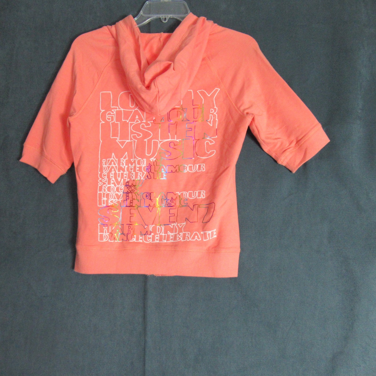Seven7 Hoodie Women M Peach Graphic Full Zip Shirt Top Music Modern Short Sleeve