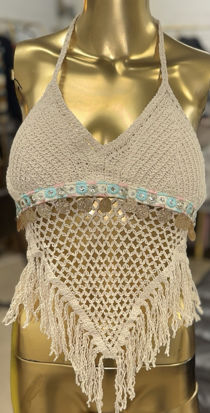Women’s Beige Cotton Crochet Halter V-Neck Tie Fringe Crop Top One Size