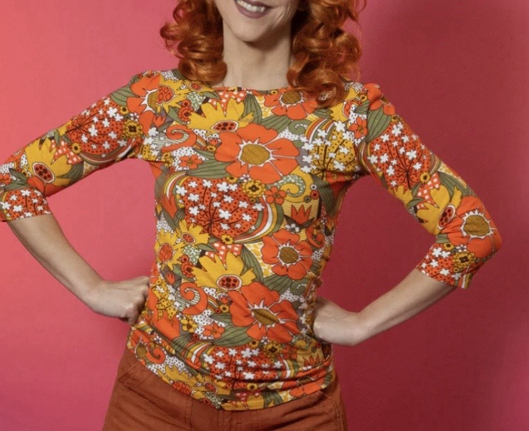 Blue Platypus Floral Tunic Top Orange Yellow Retro Print Women’s 2X USA NWOT