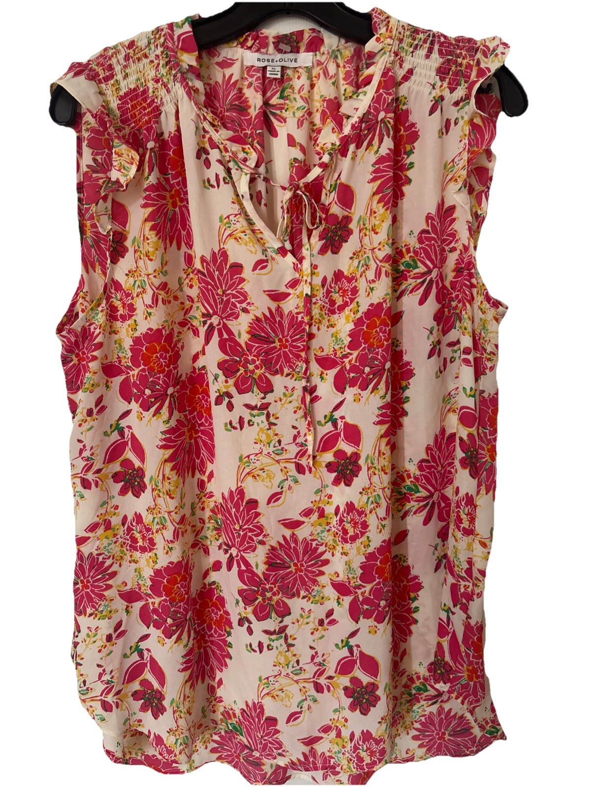 rose olive Floral Print Beige And Pink-blouse Ruffles Neck Line XLpullover