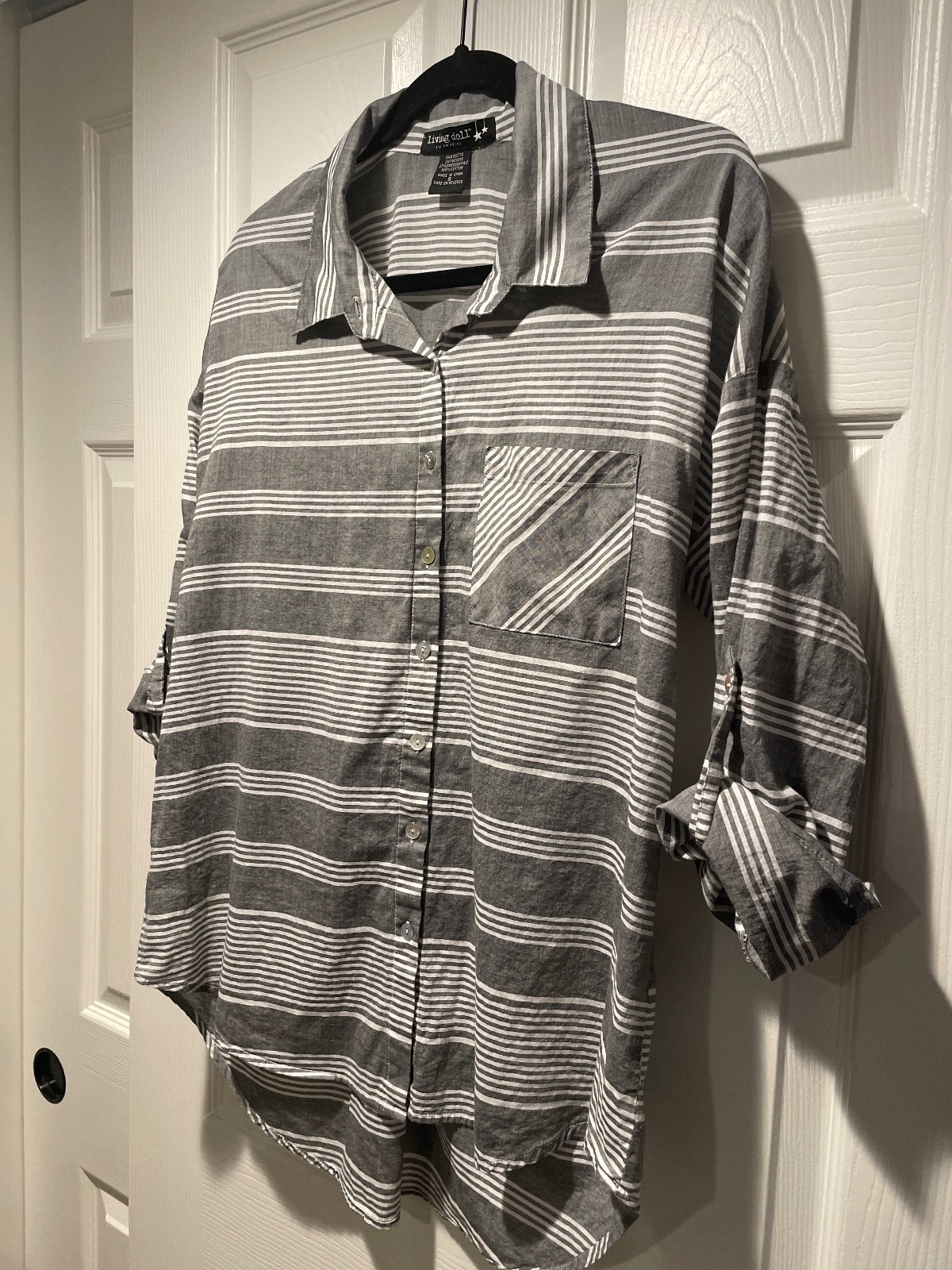 Living Doll Gray White Striped Button Front Shirt Roll Tab High Low 100%Cotton S