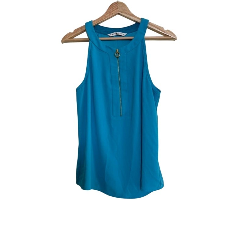 Trina Turk Tank Top Womens L Blue Sleeveless Zip Front Modern Resort Blouse