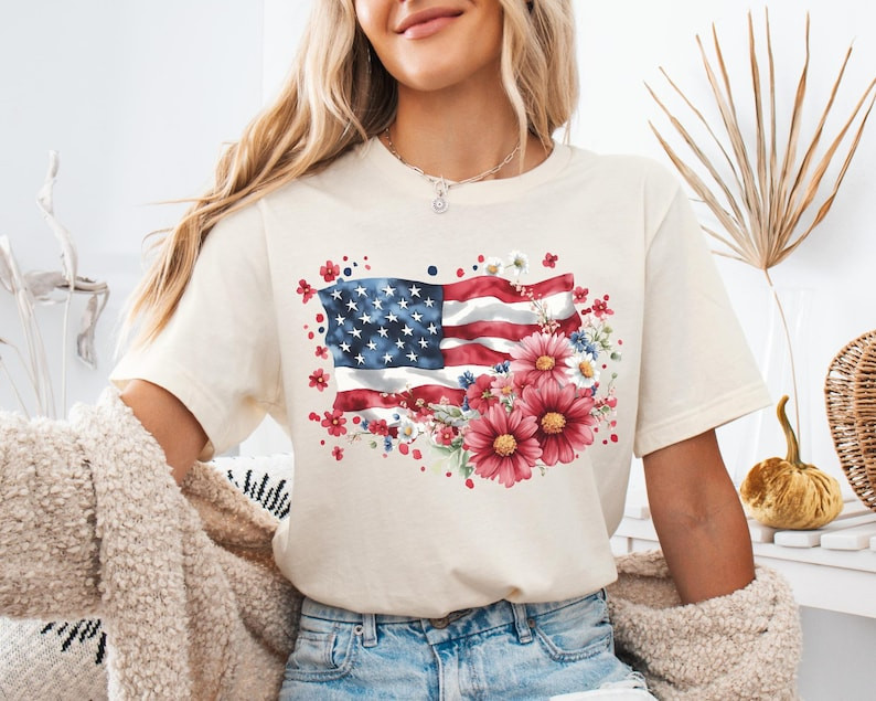 Floral American Flag Shirt 4th of July Patriotic USA Flag Wildflower Daisy Tee
