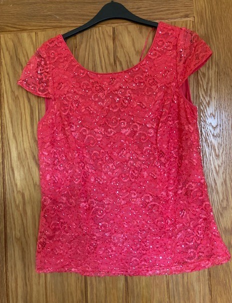Jacques Vert Coral sequin & lace top size 14