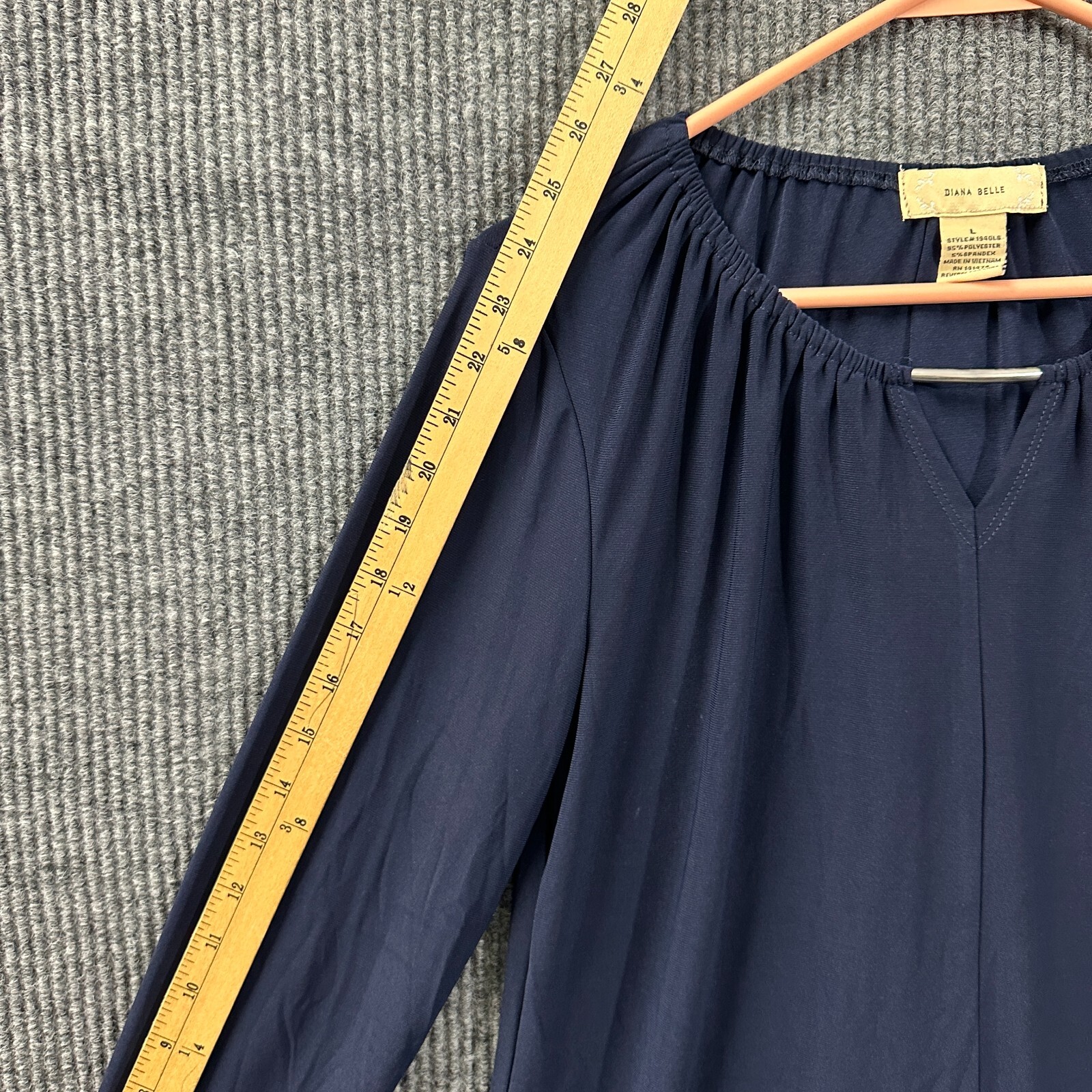 Diana Belle Womens Blouse Size Large Blue V Neck Keyhole Long Sleeve Stretch