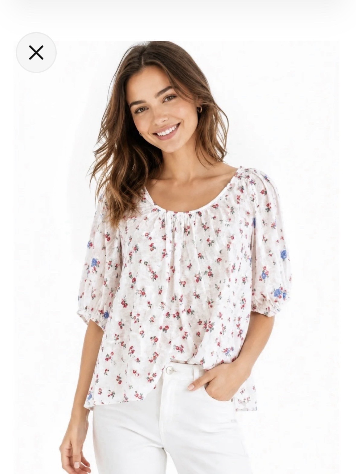 Free People Floral Gauze Cotton Open Back Tie Puff 3/4 Sleeve Blouse S