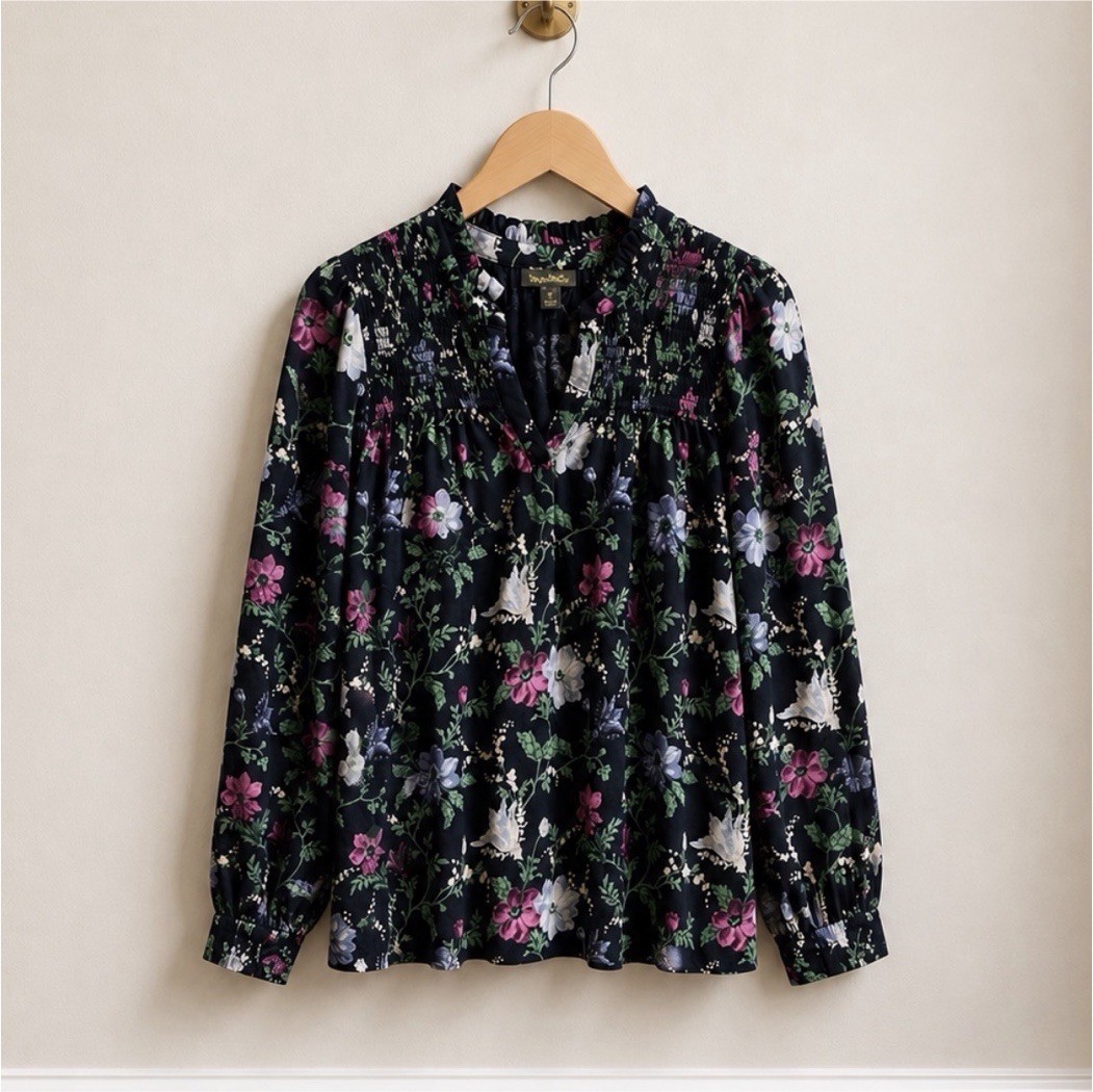 Style & Co Blue/Multicolor Floral V-Neck Smocked Long Sleeve Blouse XS