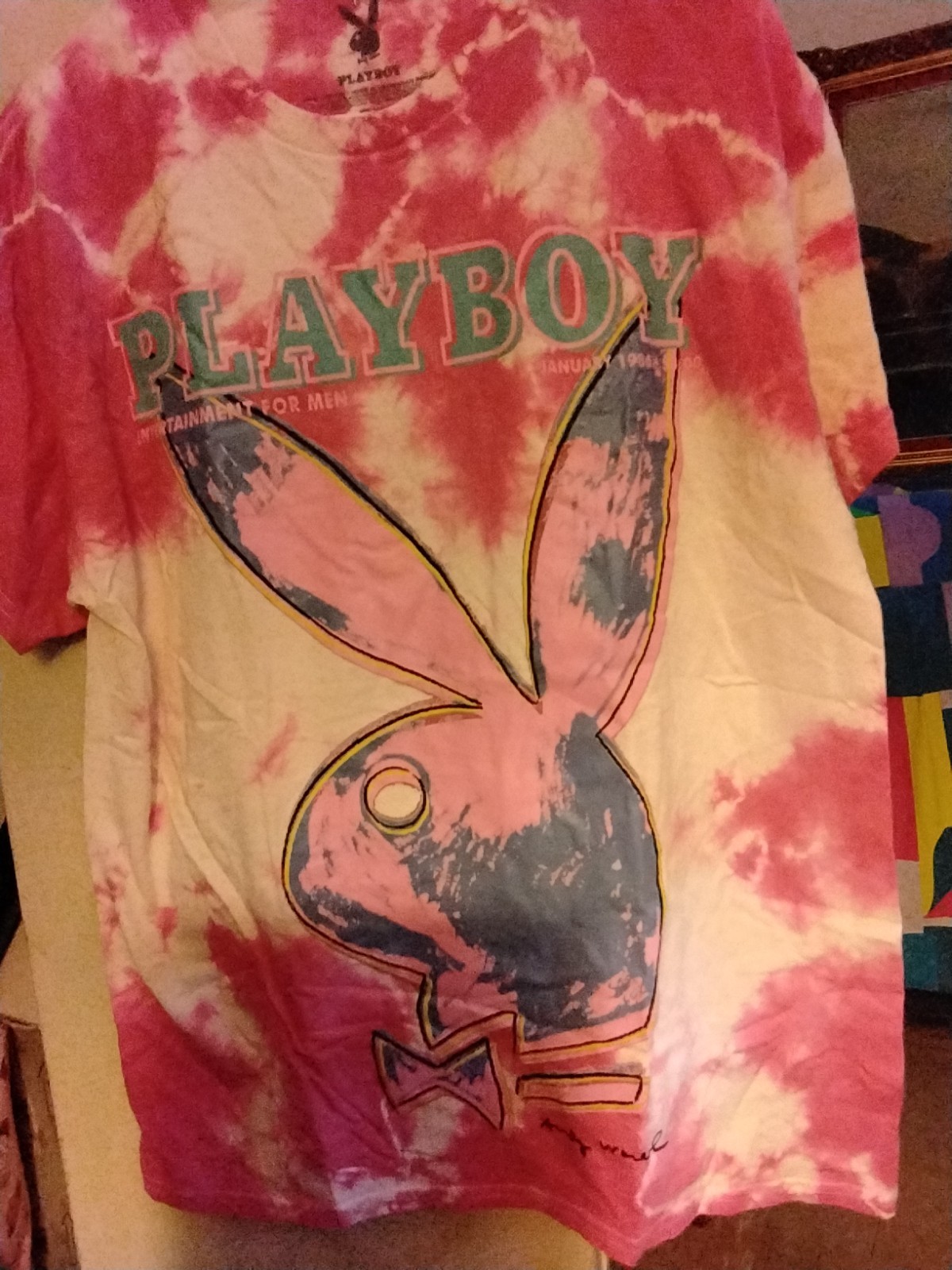 Playboy x Andy Warhol Pink Tie Dye Bunny Logo Retro Graphic T-shirt Size L NWOT