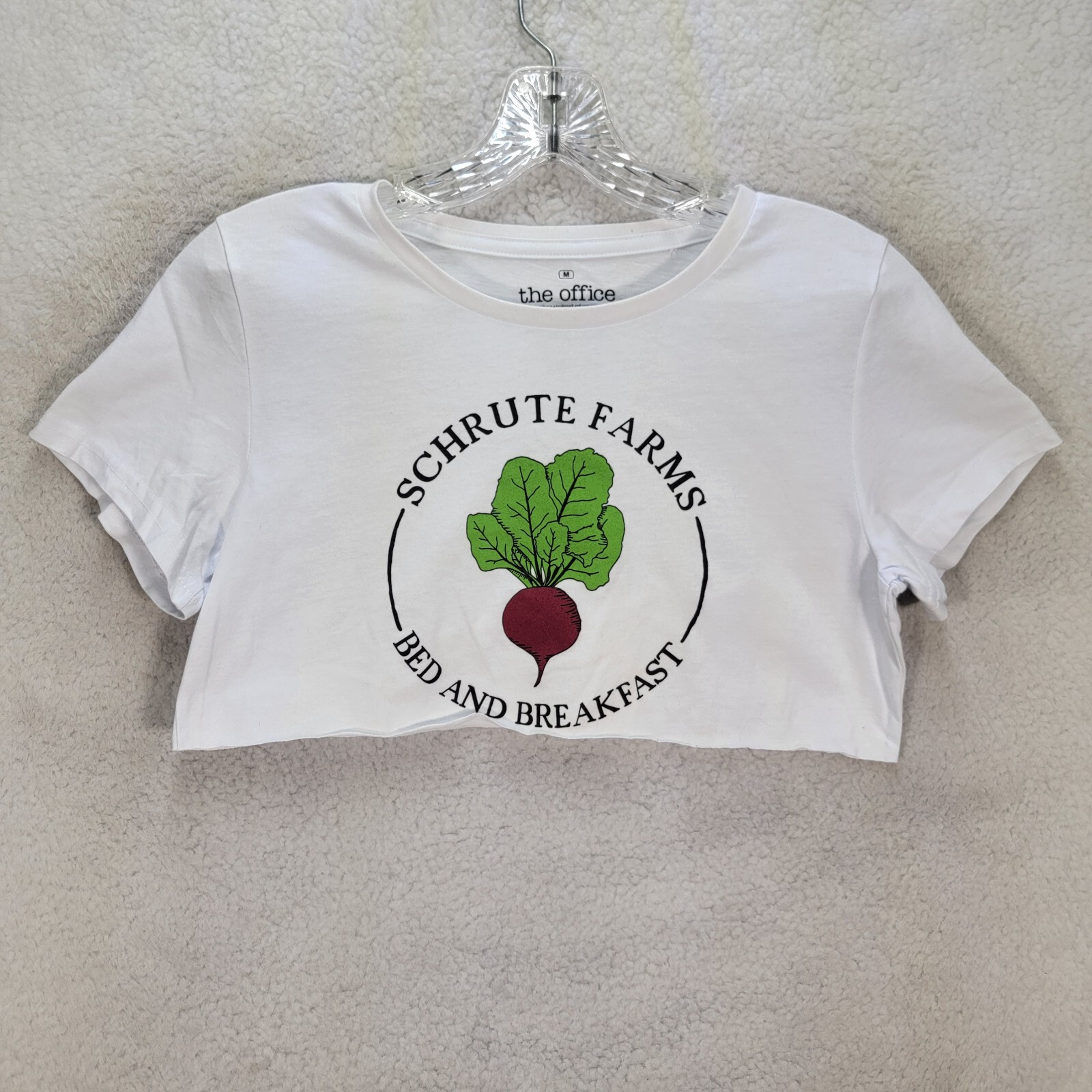 The Office Womens T Shirt White Schrute Farms Graphic Tee Cas Micro Crop Size M