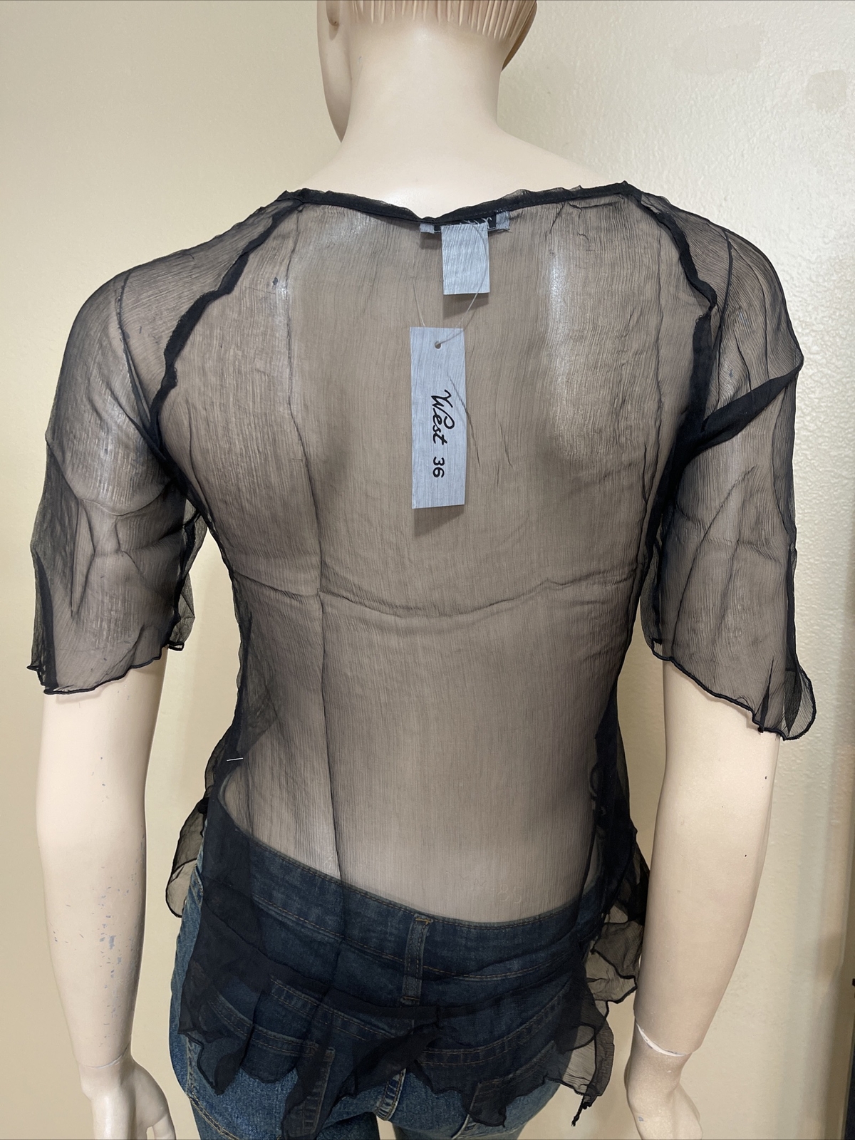 Women’s Black Silk Casual Summer Sheer Beaded Embroidered Lace Size M Blouse Top