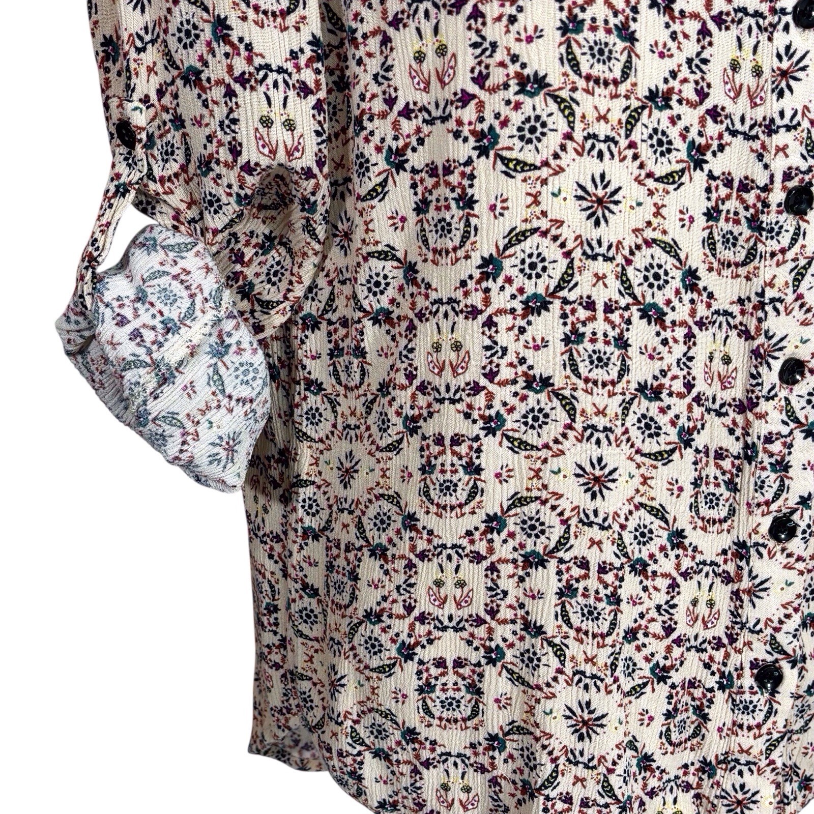 Natural Life Women’s Gauzy Button Boho Shirt Beige Small Ditzy Floral Roll Tab