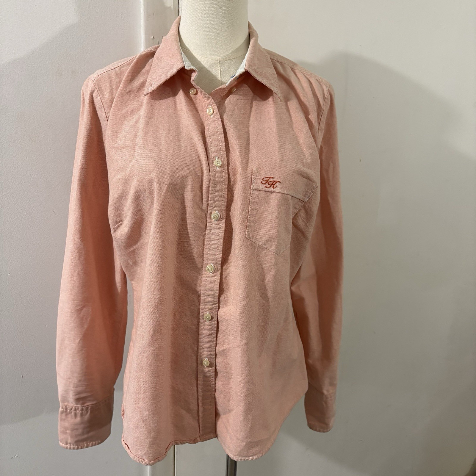 Tommy Hilfiger Monogram Flip Cuff Button Up Shirt Womens Sz L Peach Preppy