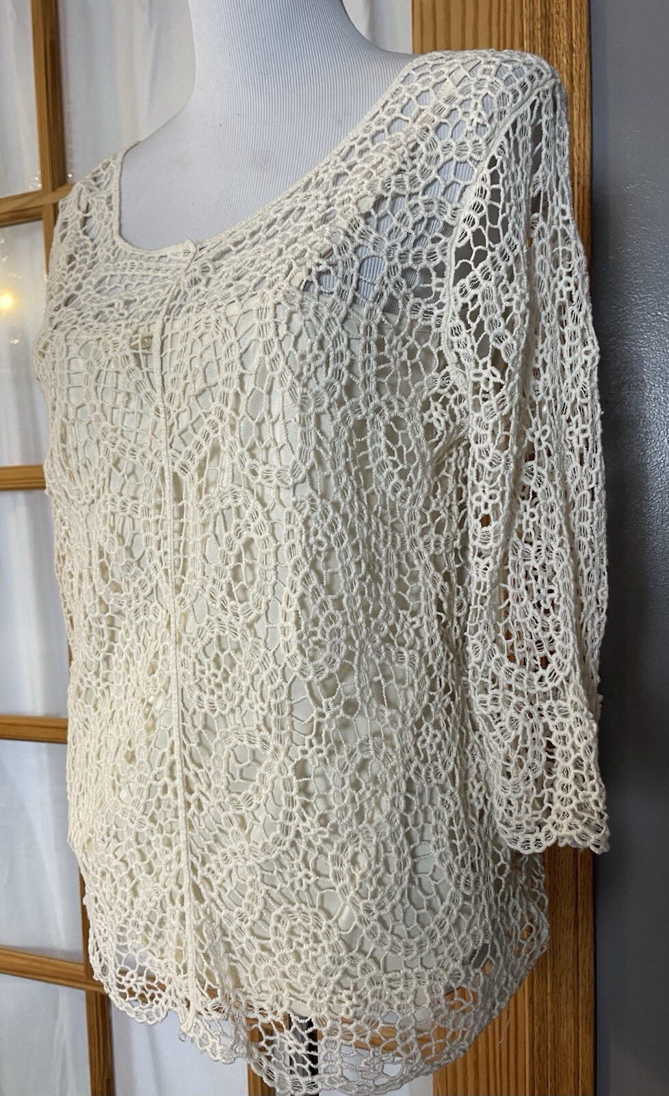 Adiva Crochet Blouse Womens Sz L Beige Floral Open Knit Cami Lining Cottagecore