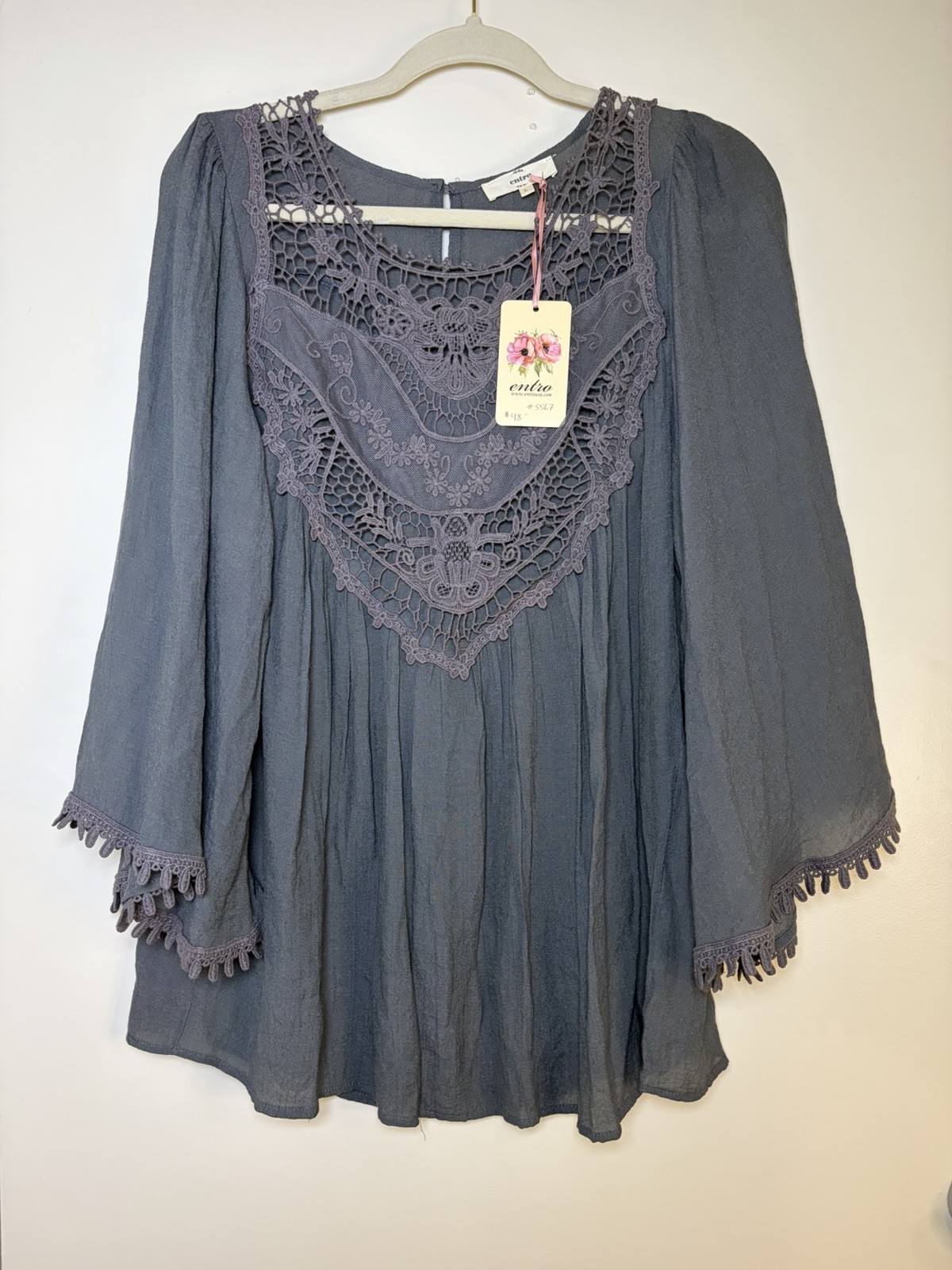 Entro Crochet Lace Flare Sleeve Wmns Top NWT Sz L Bohemian Western Eclectic