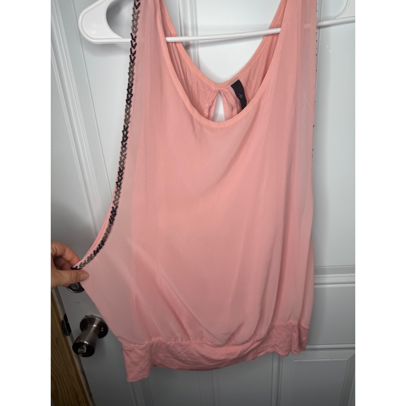 Peach Beaded Trim Chiffon Overlay Sleeveless Blouse Keyhole Back Top L