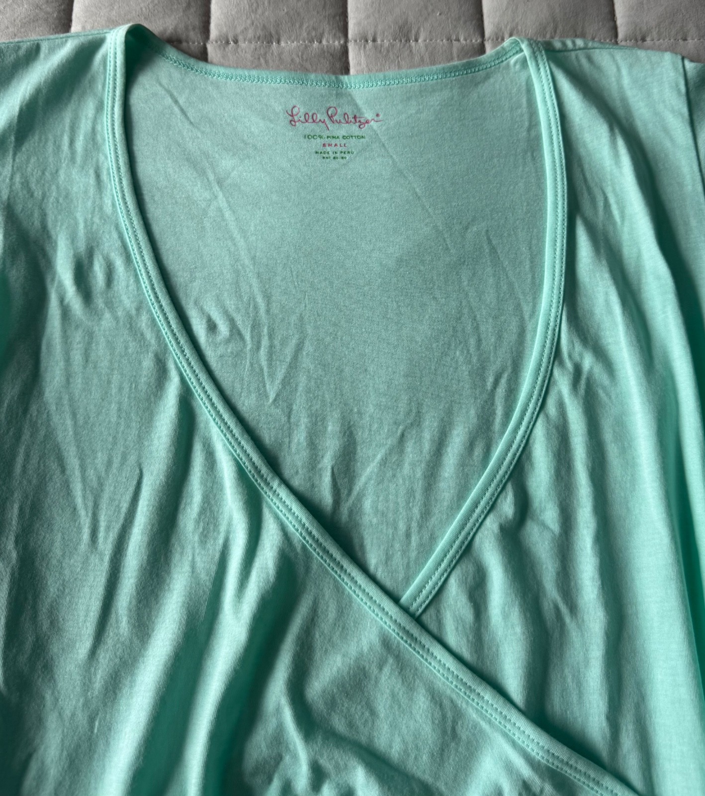 Lilly Pulitzer Green Short Flutter Sleeve Deep V Neck Crepe Wrap Pima Cotton Top