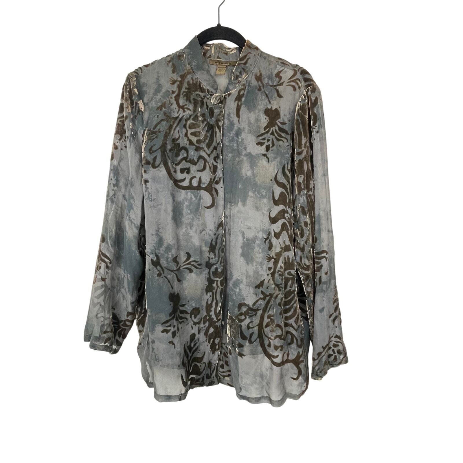Harari Silk Blend Burnt Out Velvet Green One Button Sheer Cardigan USA Size L
