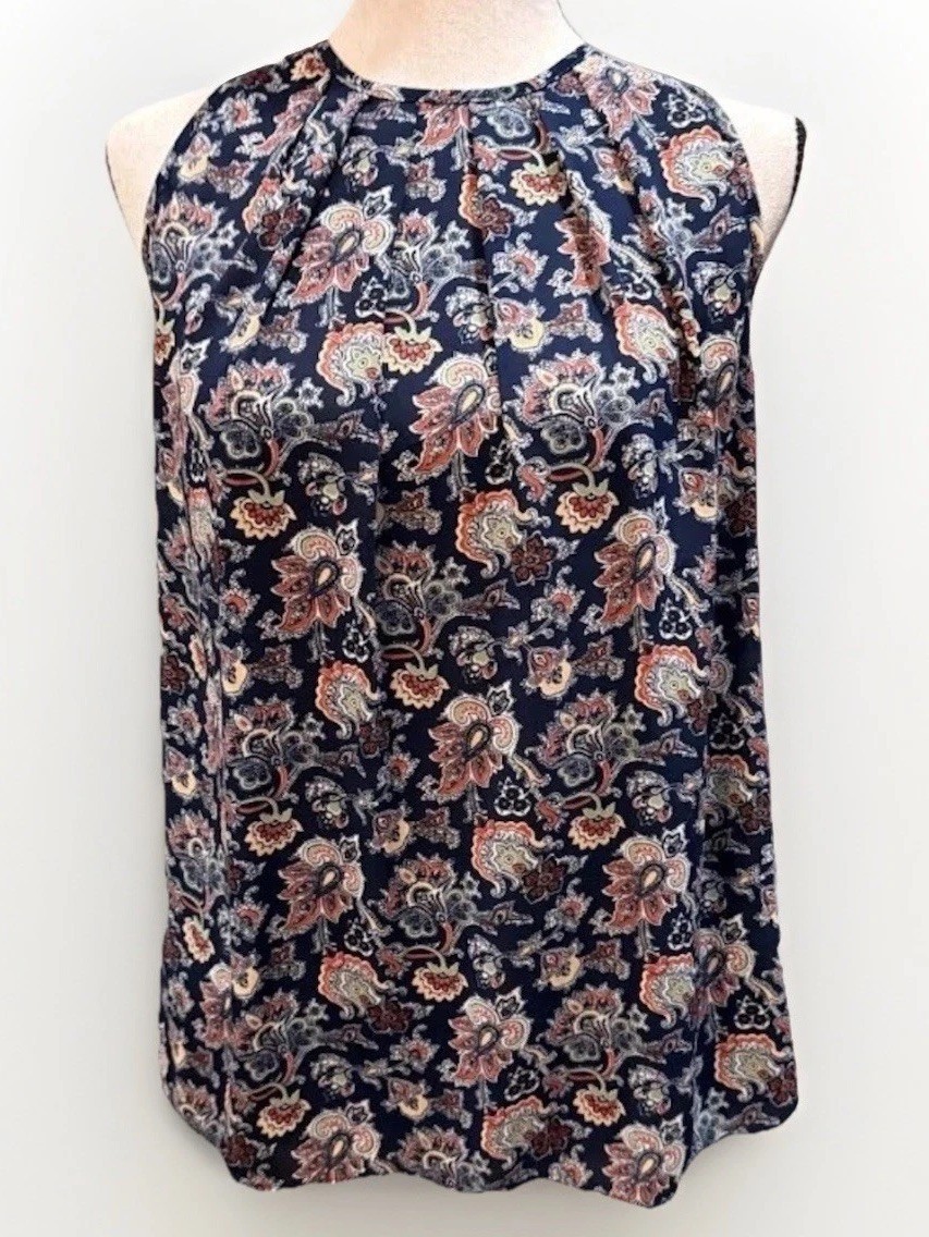 New Lucy & Laurel Women’s Blue Paisley Sleeveless Chiffon Tunic Top Bohemian S