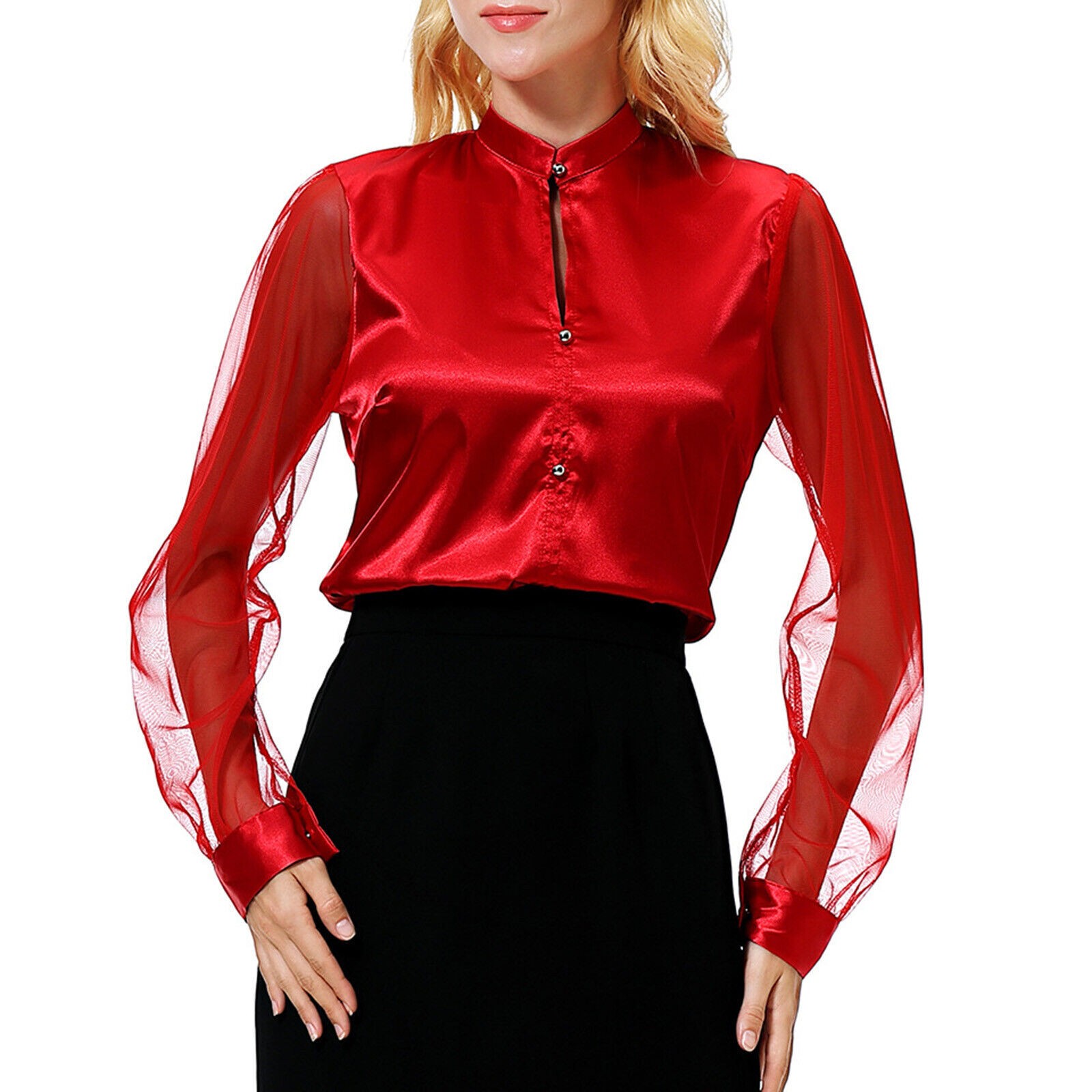 Women Long Mesh Sleeve Shirts Tops Blouse Party Satin Blouse Pure Color Top
