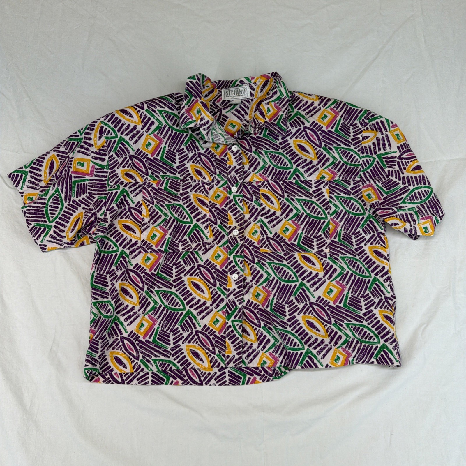Vintage Stefano 90s Abstract Geometric Button Up | Color Pop Retro Blouse Size L