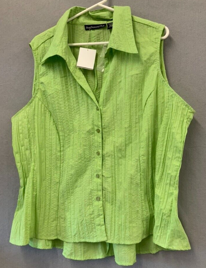 NWT Blue Diamond Plus Women’s Bright Green Button Up Tunic Style Blouse Size 24