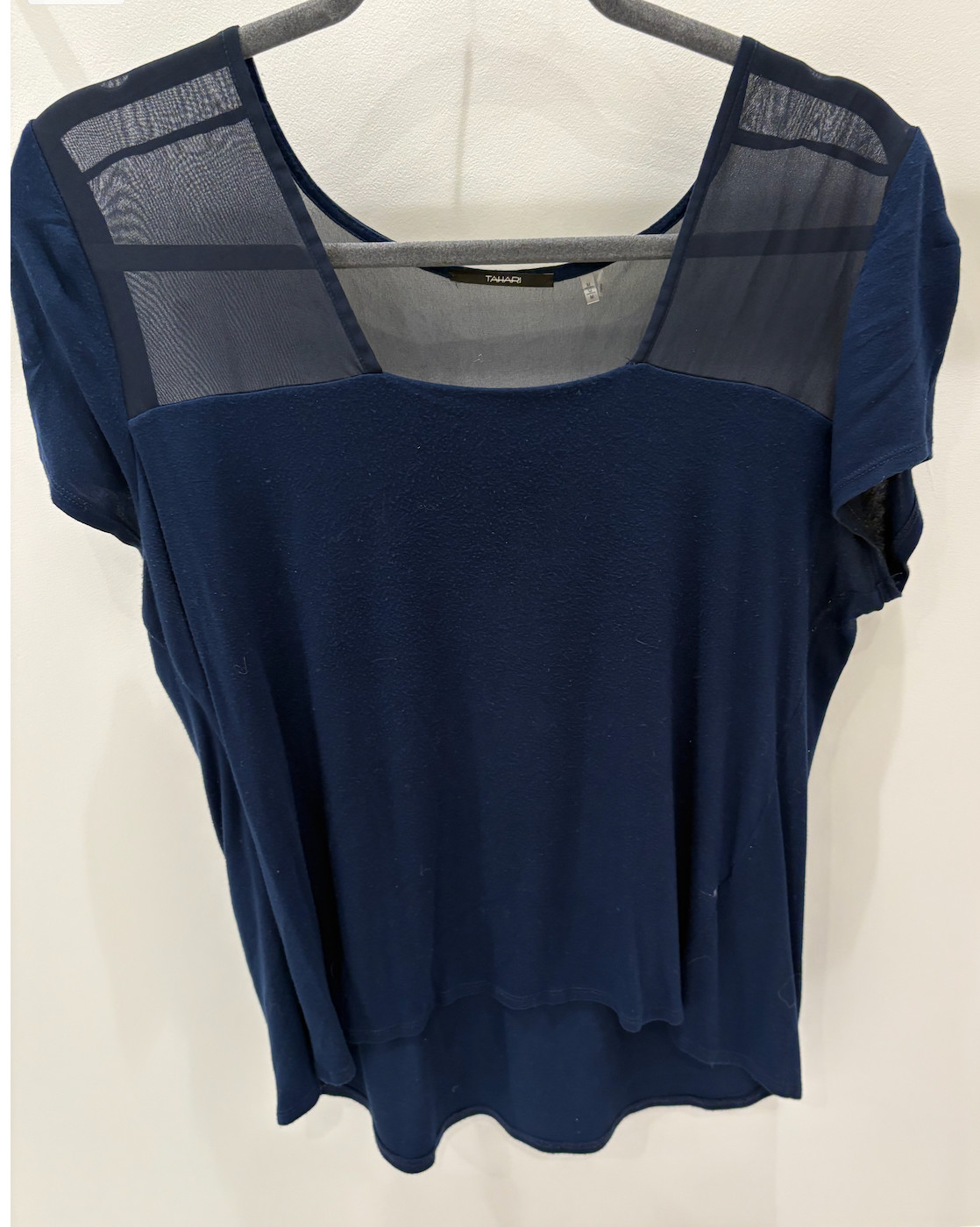 Tahari Women’s Navy Modal Stretch Mesh Yoke Short Sleeve Blouse Top Size M