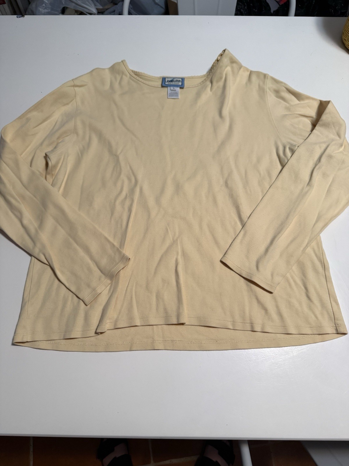 Pendleton Women’s Beige Solid Cotton Knit V-Neck Ruffle Long Sleeve Pullover L