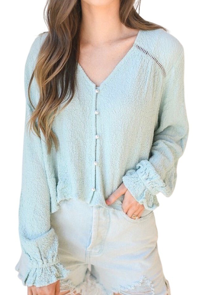 AMUSE SOCIETY Sarah Woven Blouse Sz M Mint Green Crinkle Button Up VNeck Viscose