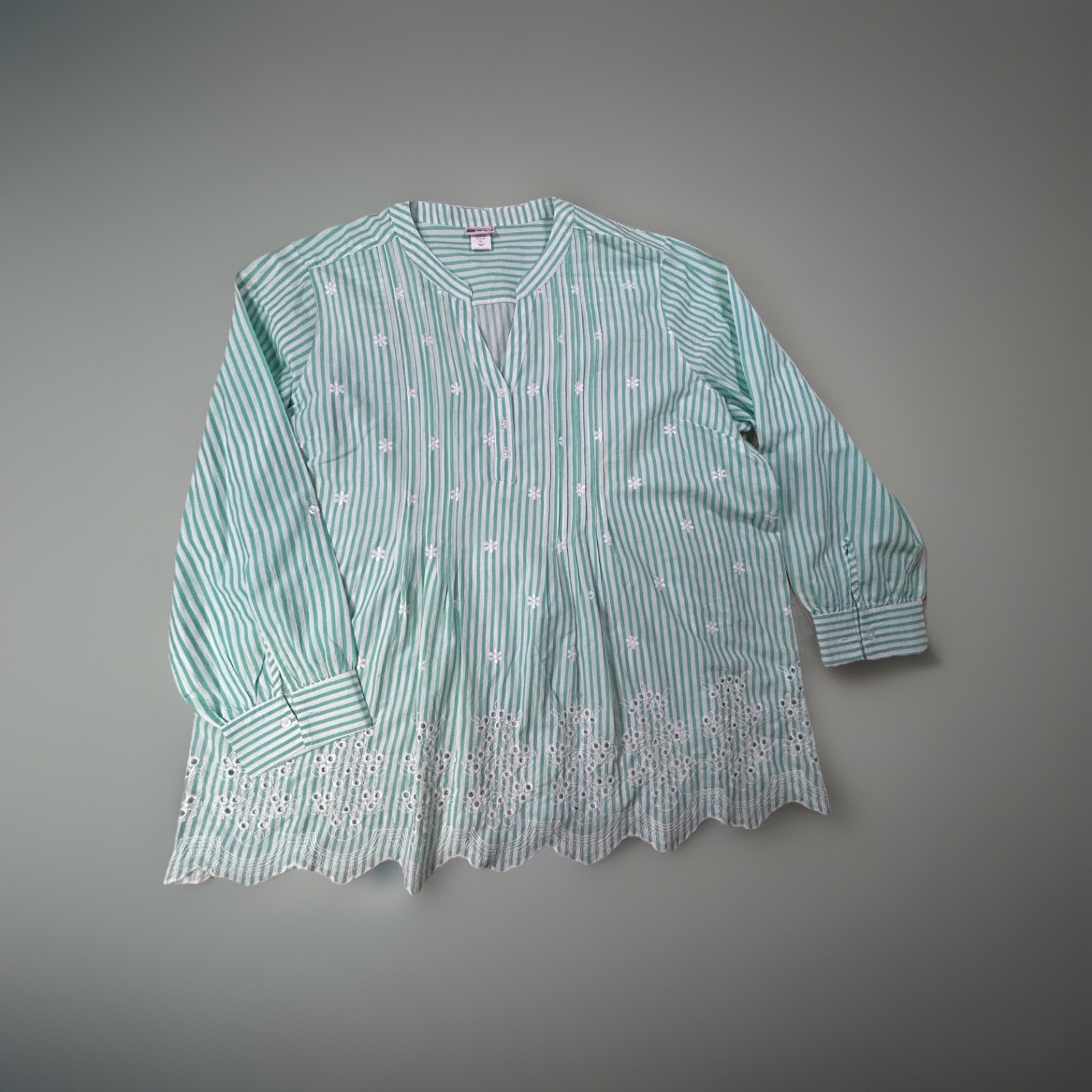 American Sweetheart Lot 2 Tunic Blouses XX Blue Green Stripe Eyelet Cotton