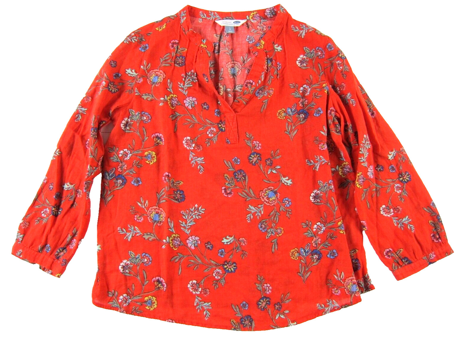 Old Navy Linen Red Blue Green Yellow Floral V-Neck Long Sleeve Tunic Shirt L