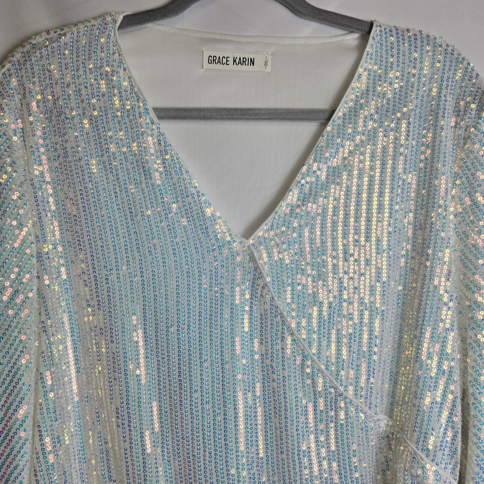Grace Karin Sparkly Sequin Top 3/4 Bell Sleeves Surplice Neckline White Blue 2XL