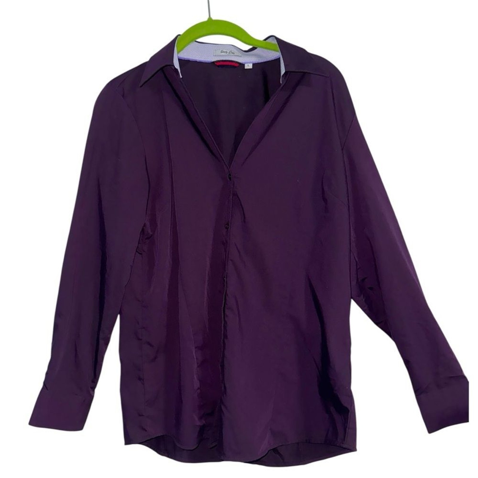 Easy Care Bamboo Blend Button Down Blouse L Plum Purple Stretch Office Top