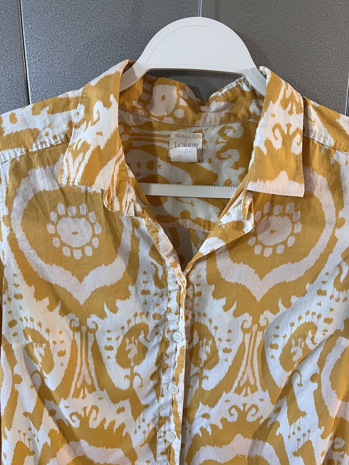 J.Crew The Perfect Shirt Yellow Ikat Print Cotton Button Down Small Summer Top