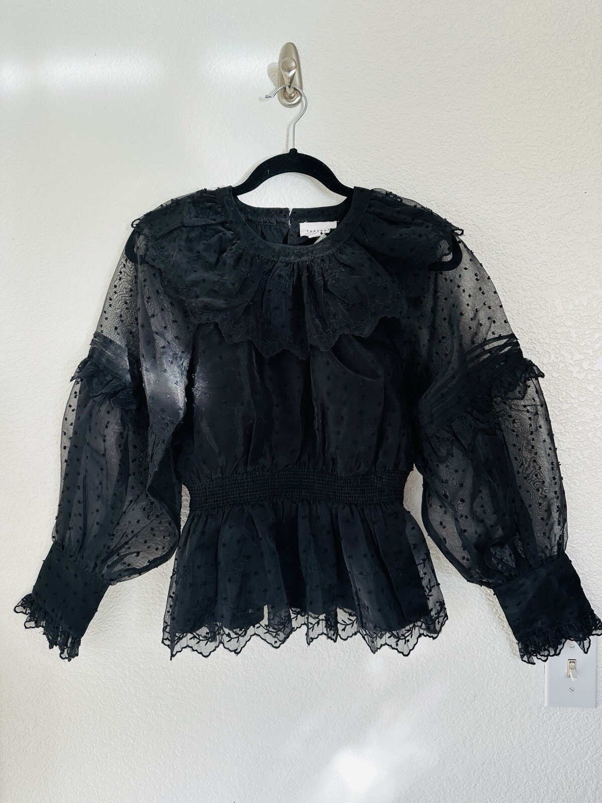 Topshop Womens Dobby Shirred Waist Peplum Top Black Textured Bishop Ruffle 4 NWT