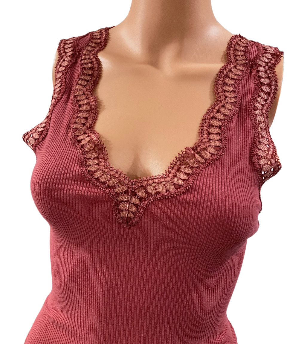 Free People Pumpkin Scalloped Lace Trim Rib Cotton Tank Mesh Lace Wing Back S