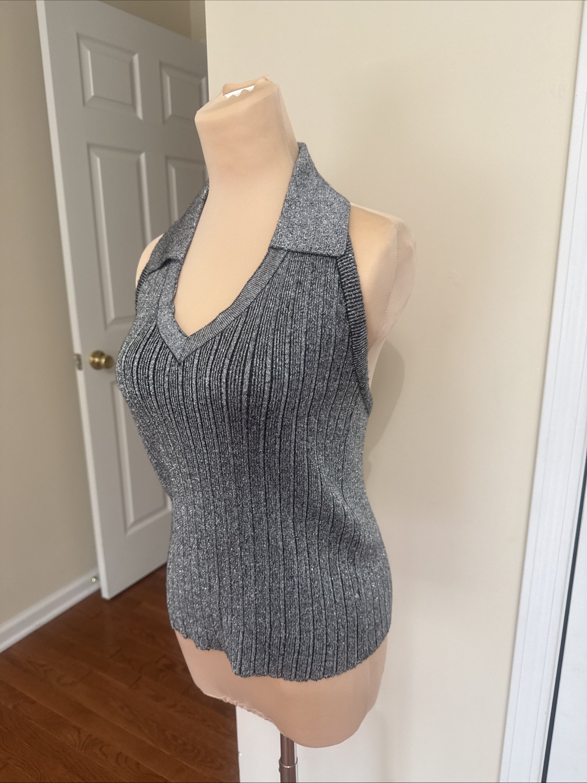 Halter Top Silver Sparkle w Collar Large Duel Knit Top
