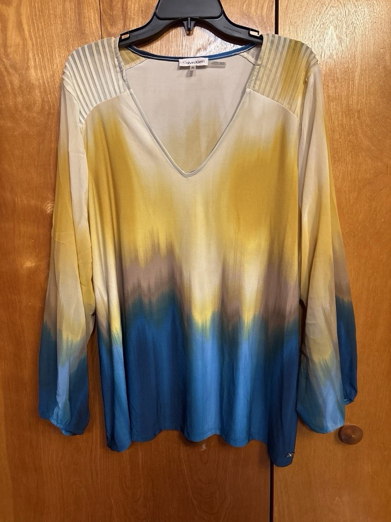 Calvin Klein Womens Plus 2X Yellow & Blue Ombré LS Tunic Top
