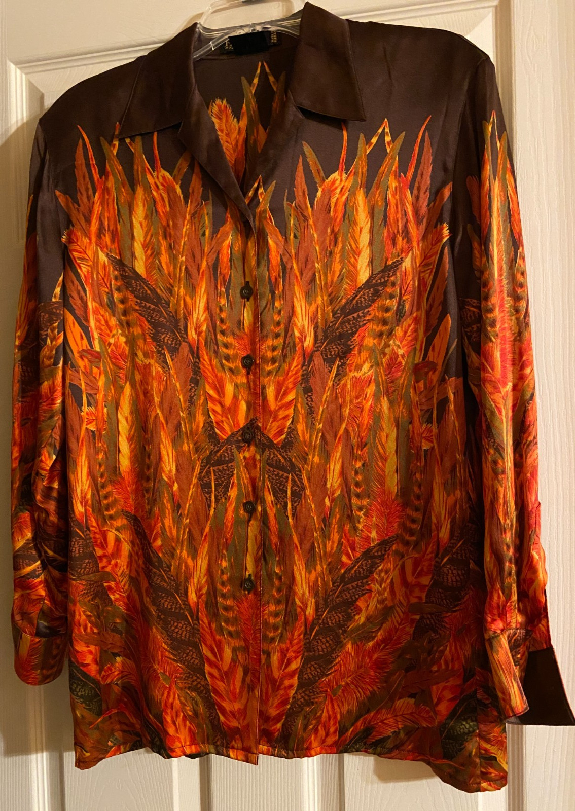 ESCADA VINTAGE SILK BLOUSE IN BROWN FEATHER PRINT IN ORANGE RED 34 RUNS 8 GERMAN
