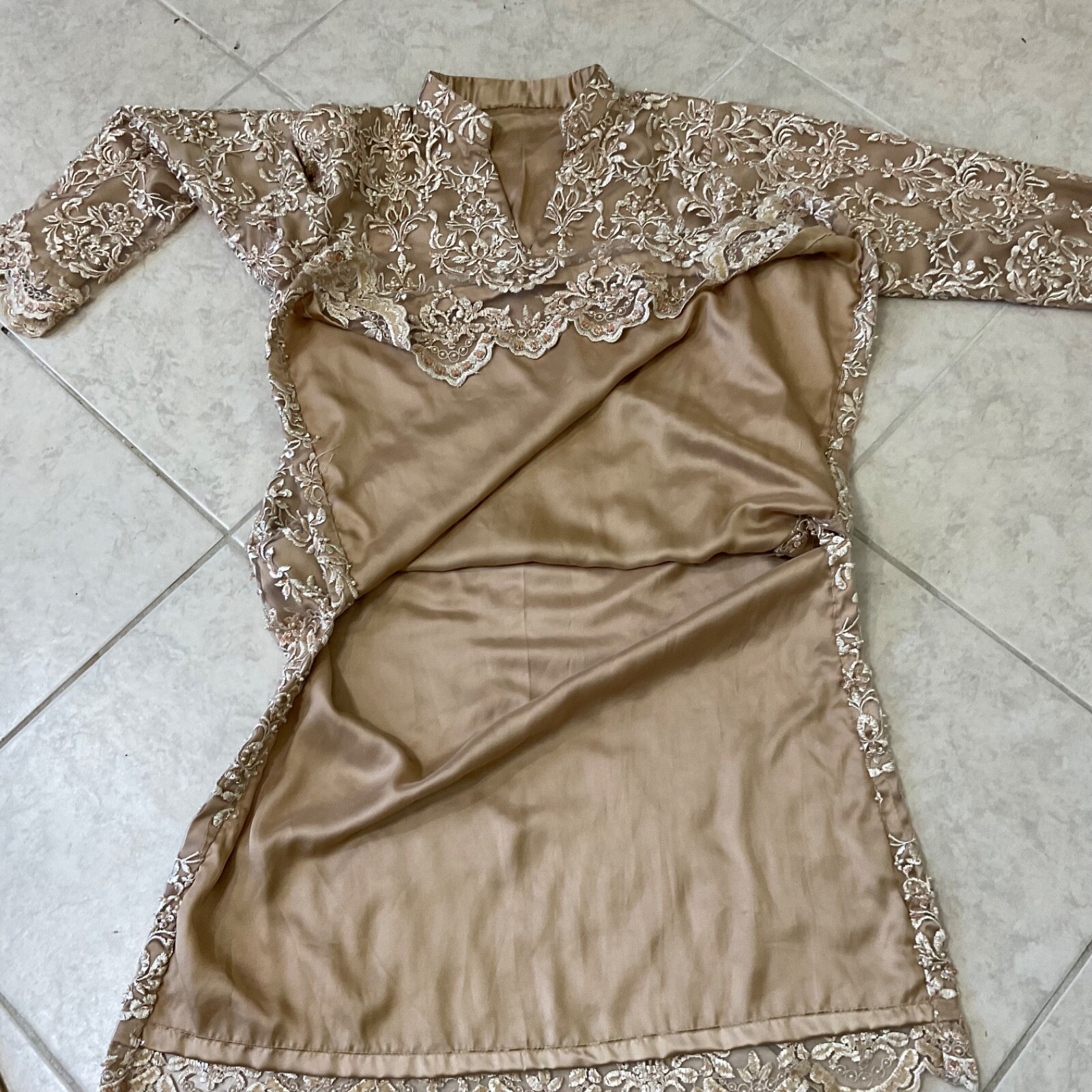 Vintage Ao Dai Long Top Embroidered seed pearls & sequin Side Slits home made.