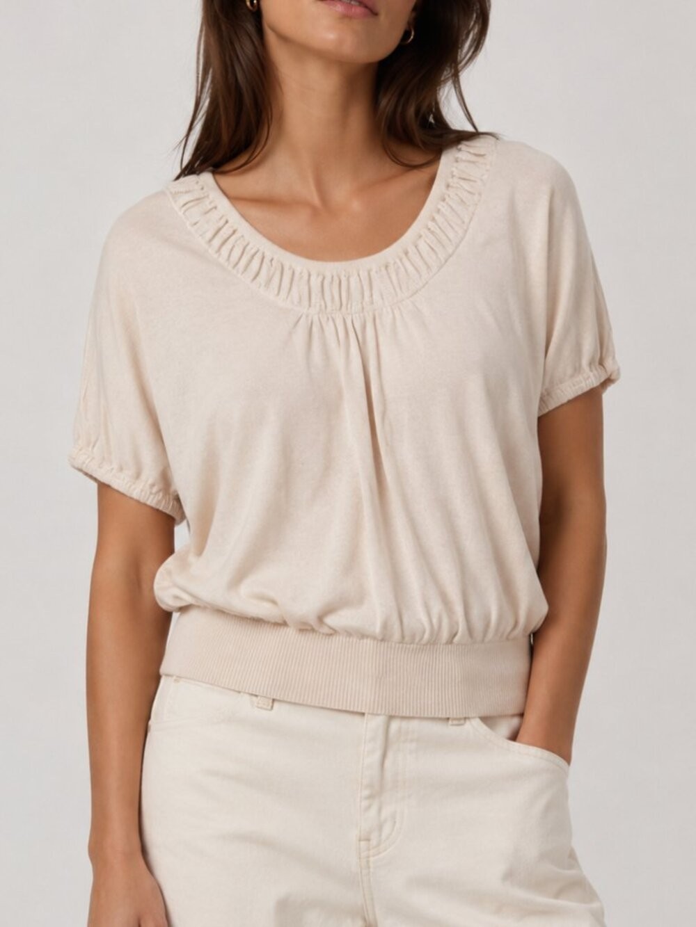 Anthropologie Moth Cream Knit Top Sz S Scoop Neck Dolman Sleeve Ribbed Hem Boho