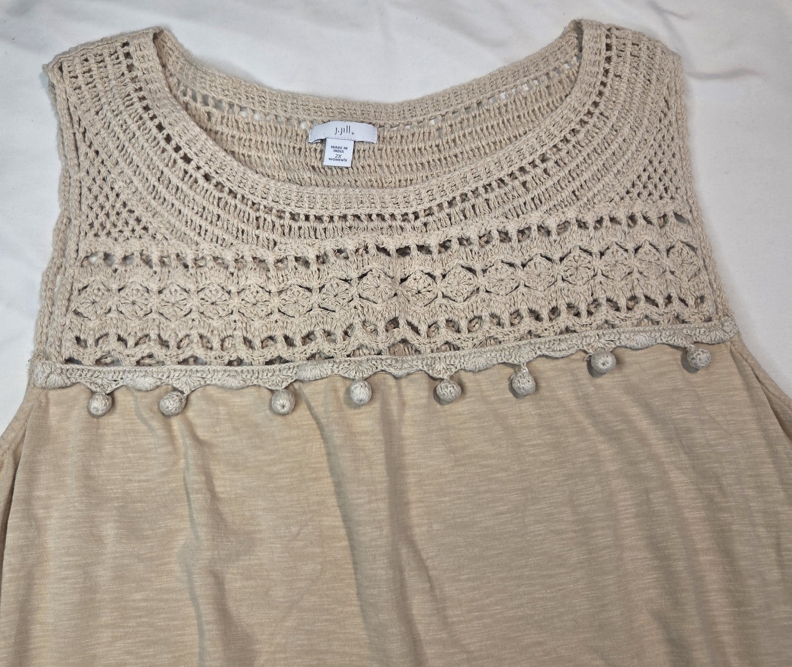 J.Jill Crochet Boho Tunic Tank, Beige Size XL NormCore Beachy
