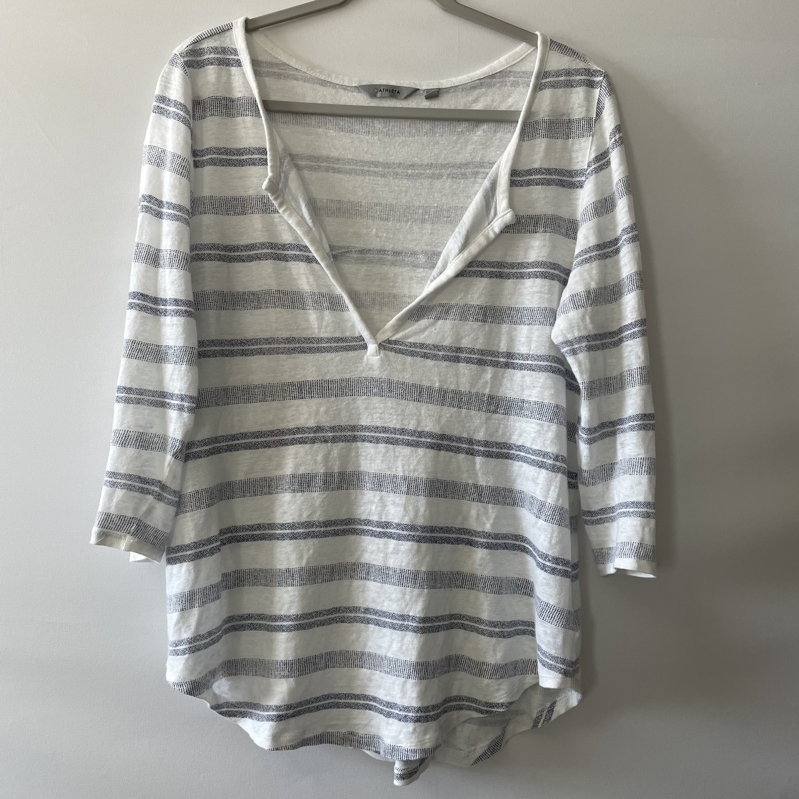 Athleta Tunic Top Striped White Blue Gray 100% Linen Women Size L -C